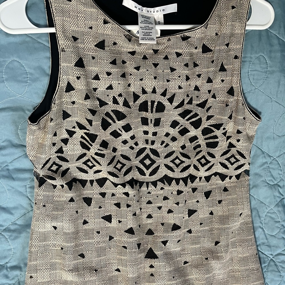 Max Studio Black and Beige Geometric Sleeveless Tank Dress